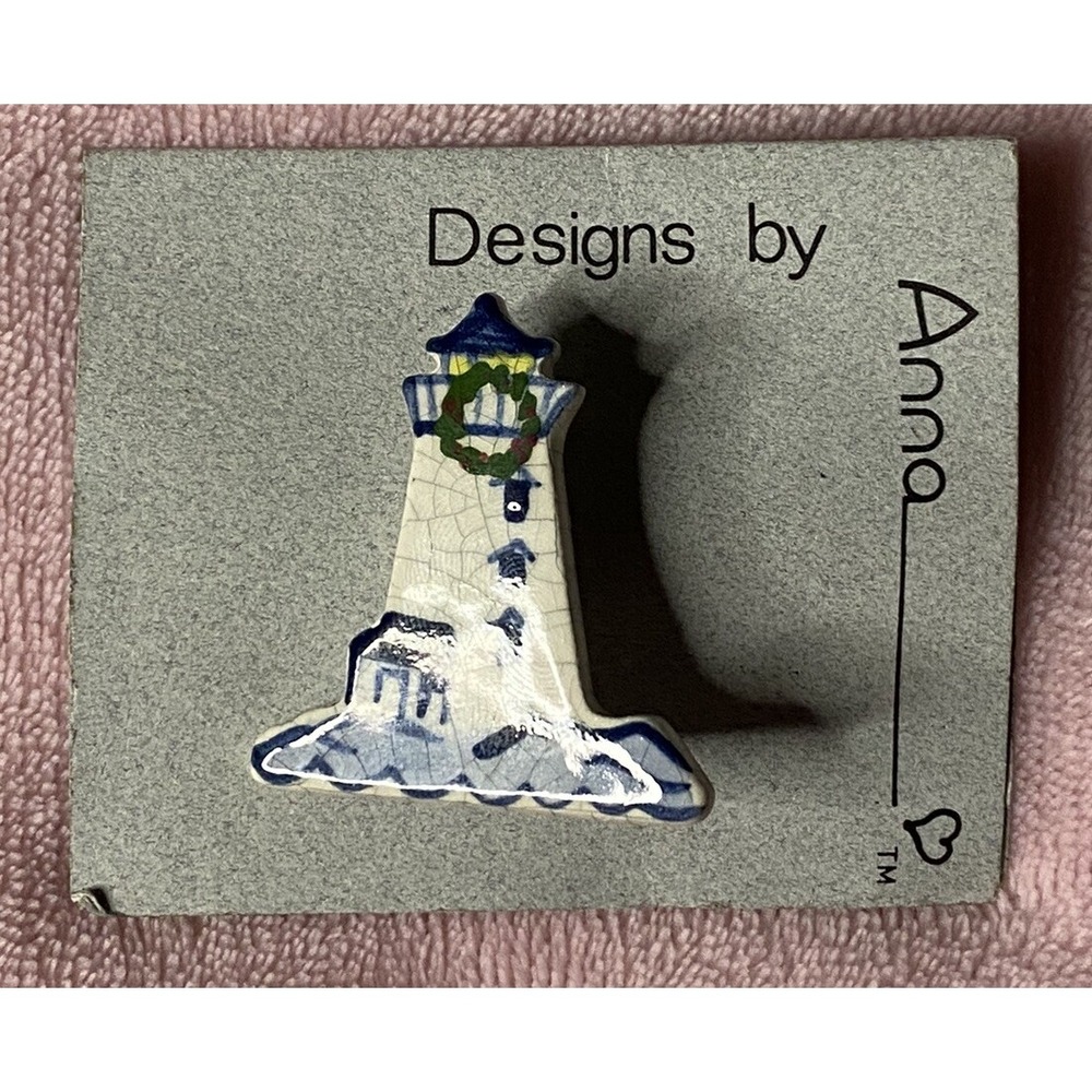 VNTG 1996 Cobalt Blue Lighthouse,Brooch Handcrafted Earthenware Jewelry SignANNA